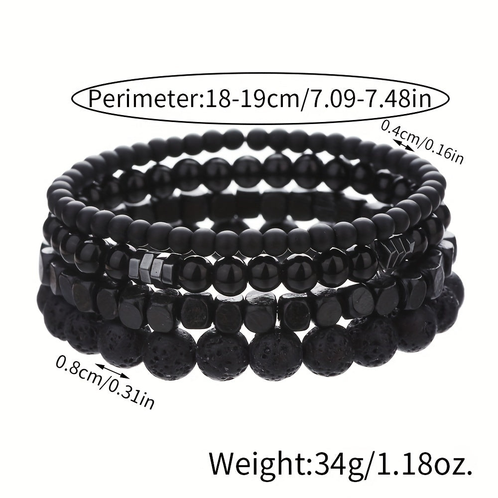 Set of Four Black Stone Volcanic Rock Wood Bead Bracelets for Men Fashion Accessory