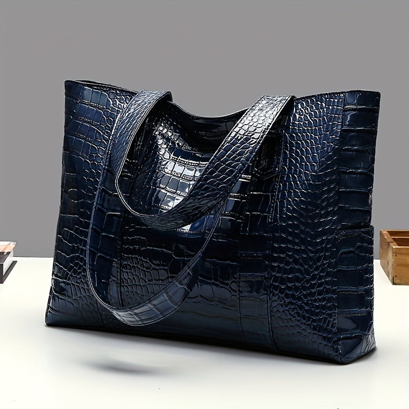 Blue Crocodile-Embossed PU Tote Bag with Zipper Closure for Women