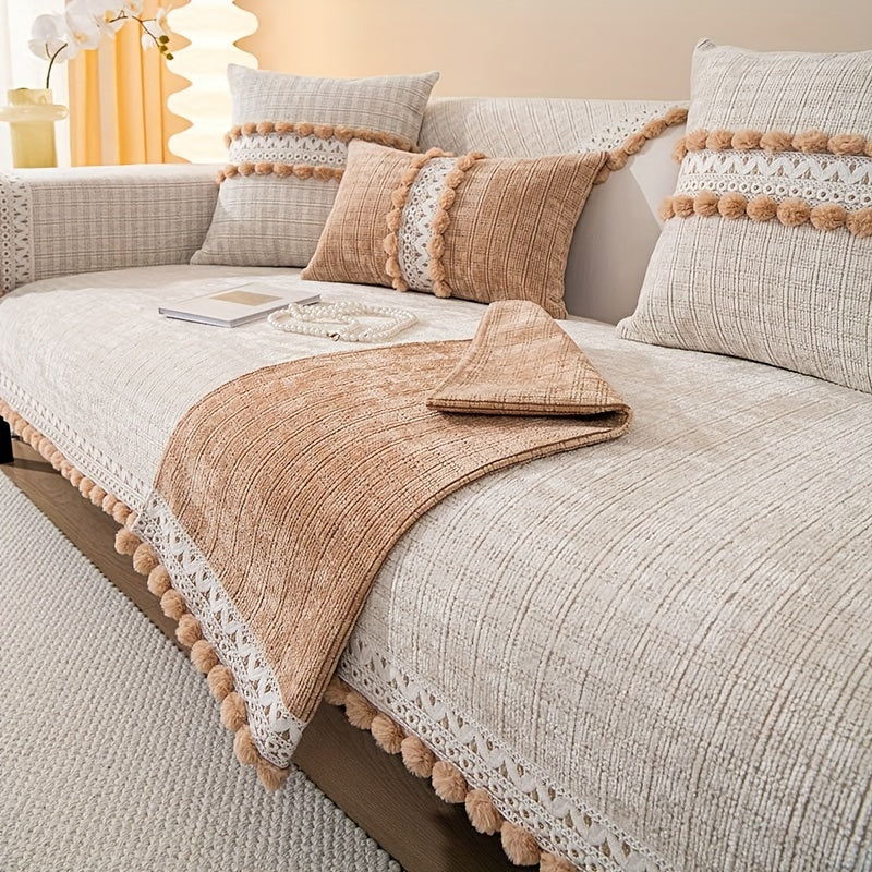 Зеленый чехол для дивана из шенилла с помпонами - водонепроницаемый и дружелюбный к домашним животным, подходит для всех размеров диванов (на 1-4 человека) - легкий в уходе, можно стирать в машине, с кисточками, идеален для любого декора комнаты