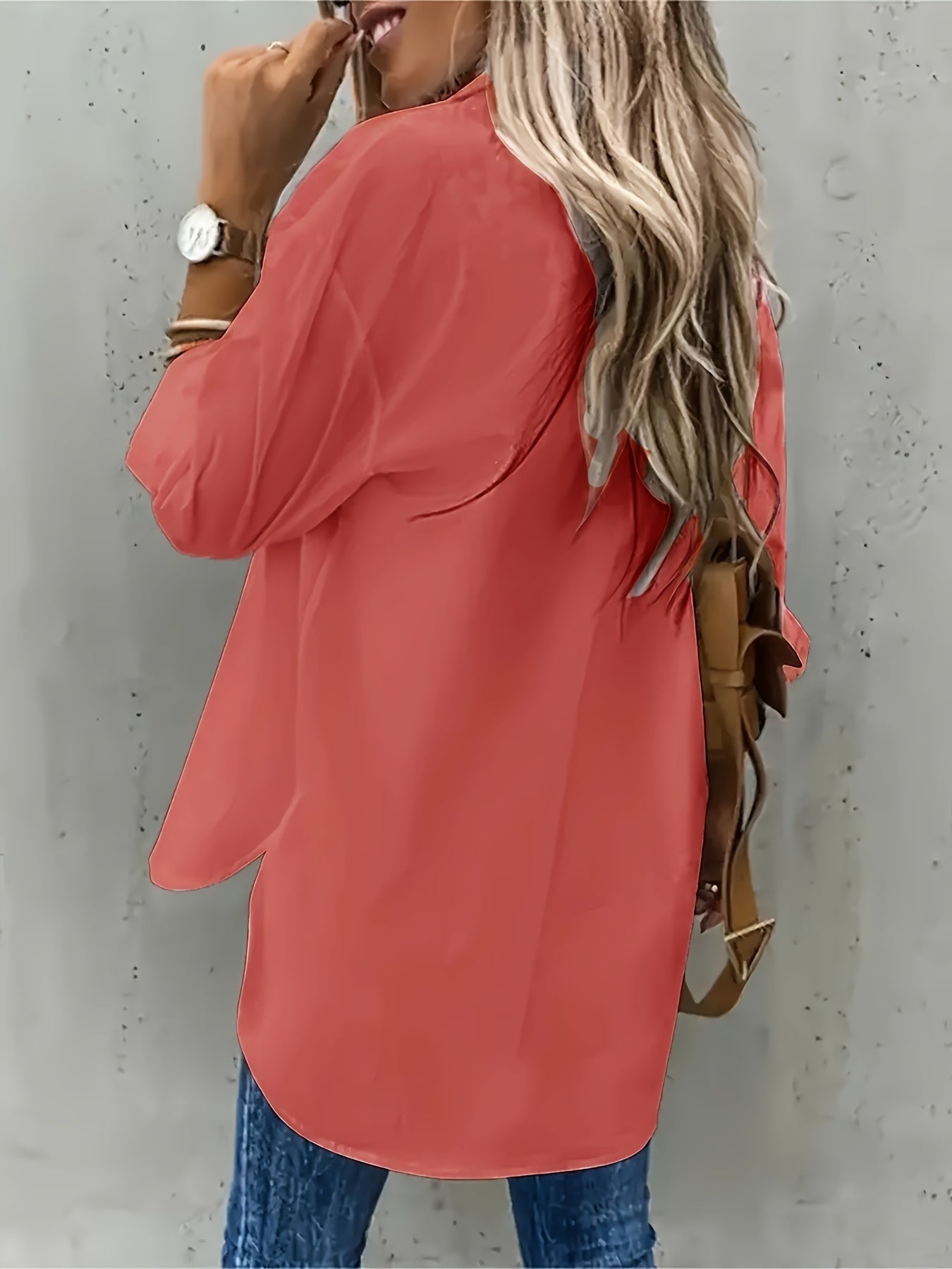 Plus Size Women's Casual Polyester Button Front Shirt with Flap Pockets for Spring