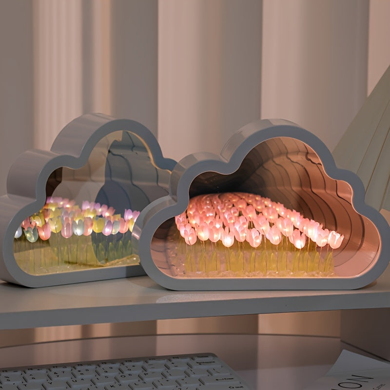 Tulip Cloud LED Night Light with Mirror Sea Effect for Bedroom Decor