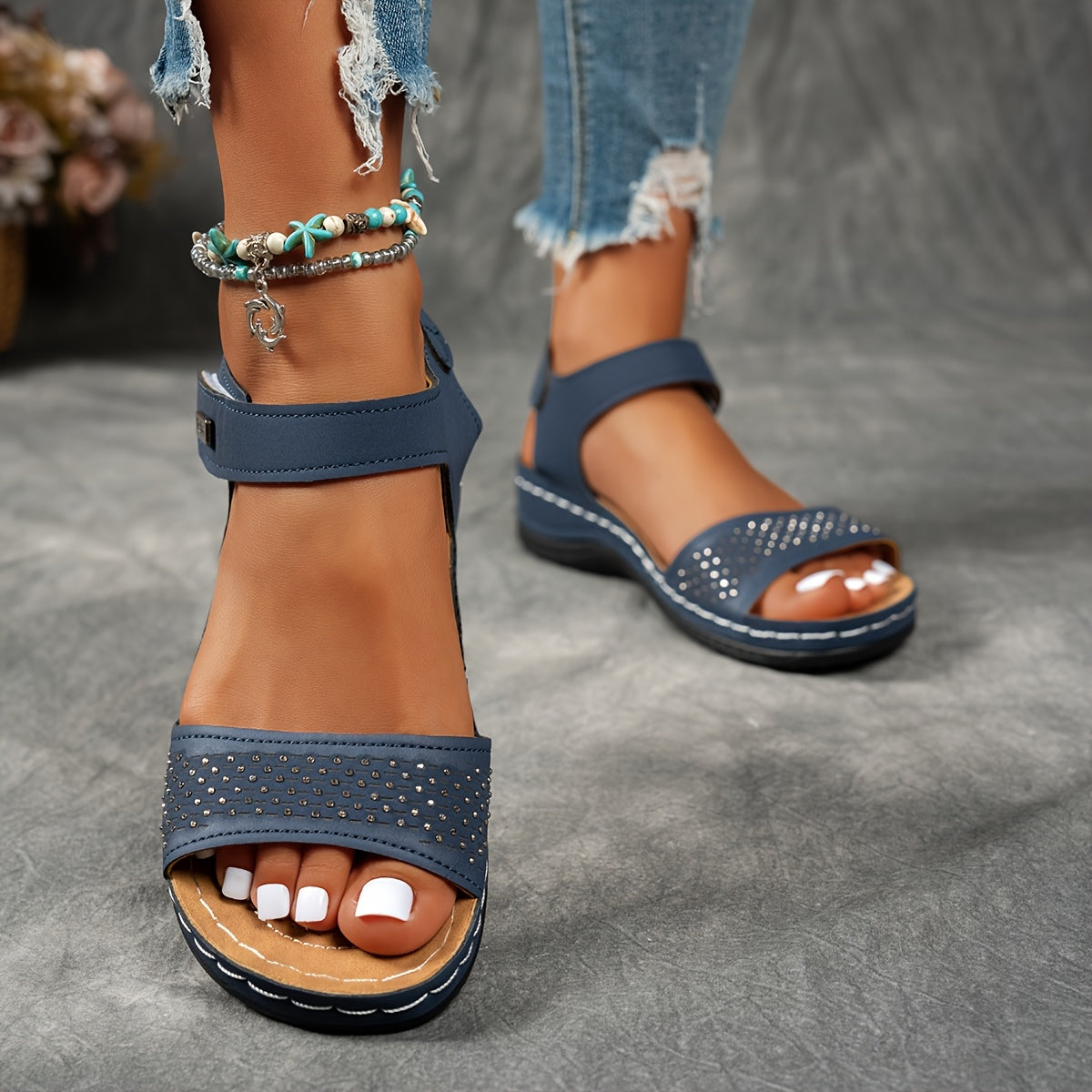 Women's Rhinestone Sandals Open-Toe Chunky Heel Summer Beach Casual