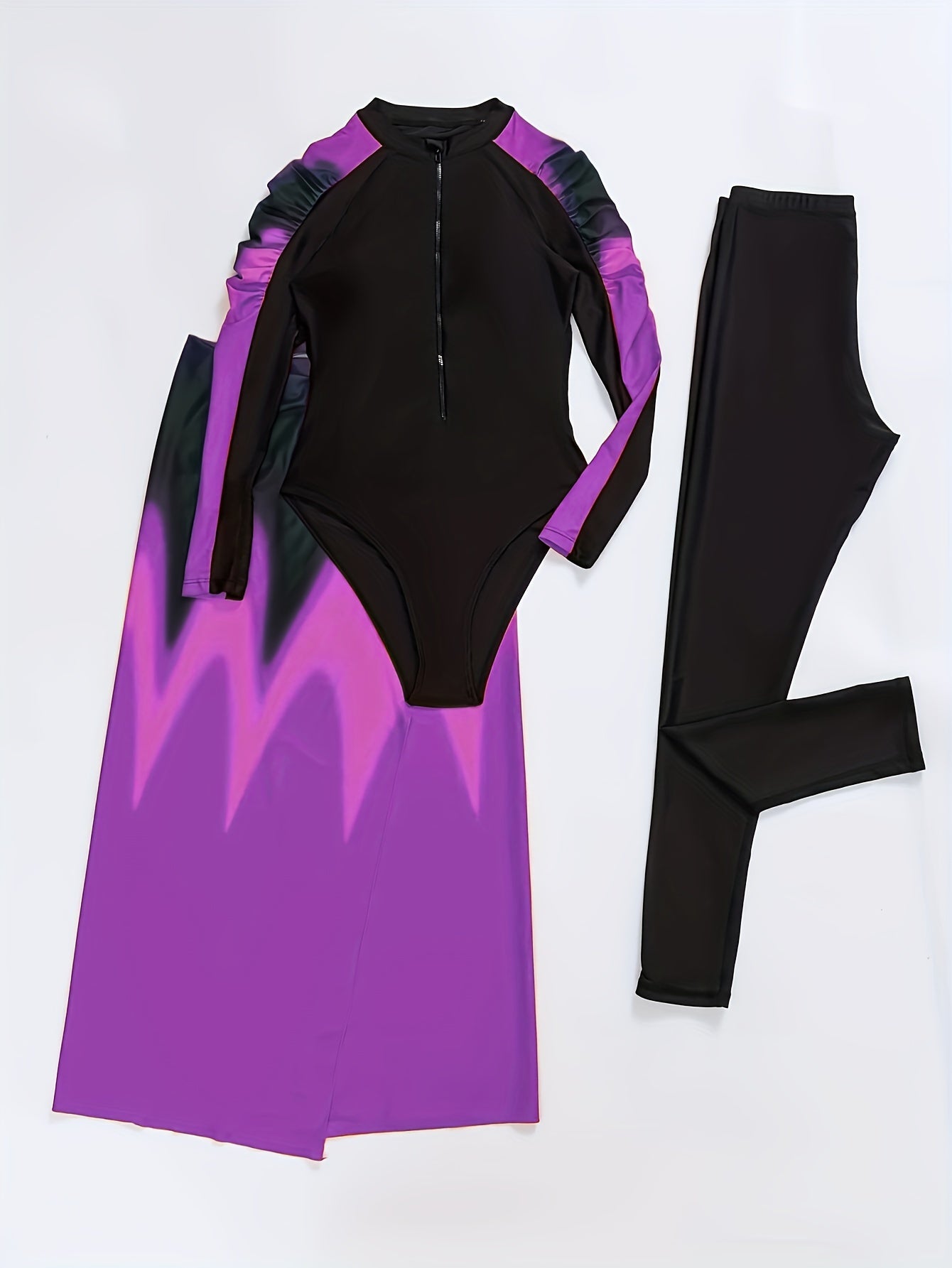 Girls Tie-Dye Print Swimsuit Set with Long-Sleeve Top and Skirt Cover-Up