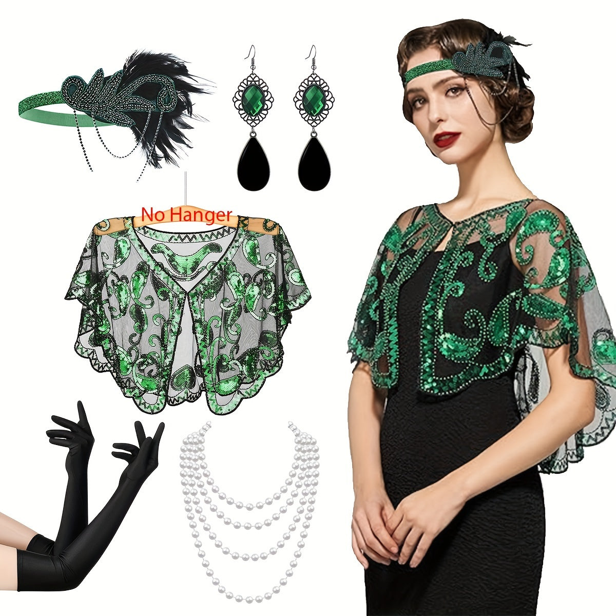 Women's 1920s Flapper Costume Accessory Set Headband Shawl Earrings Gloves for Roaring 20s Parties