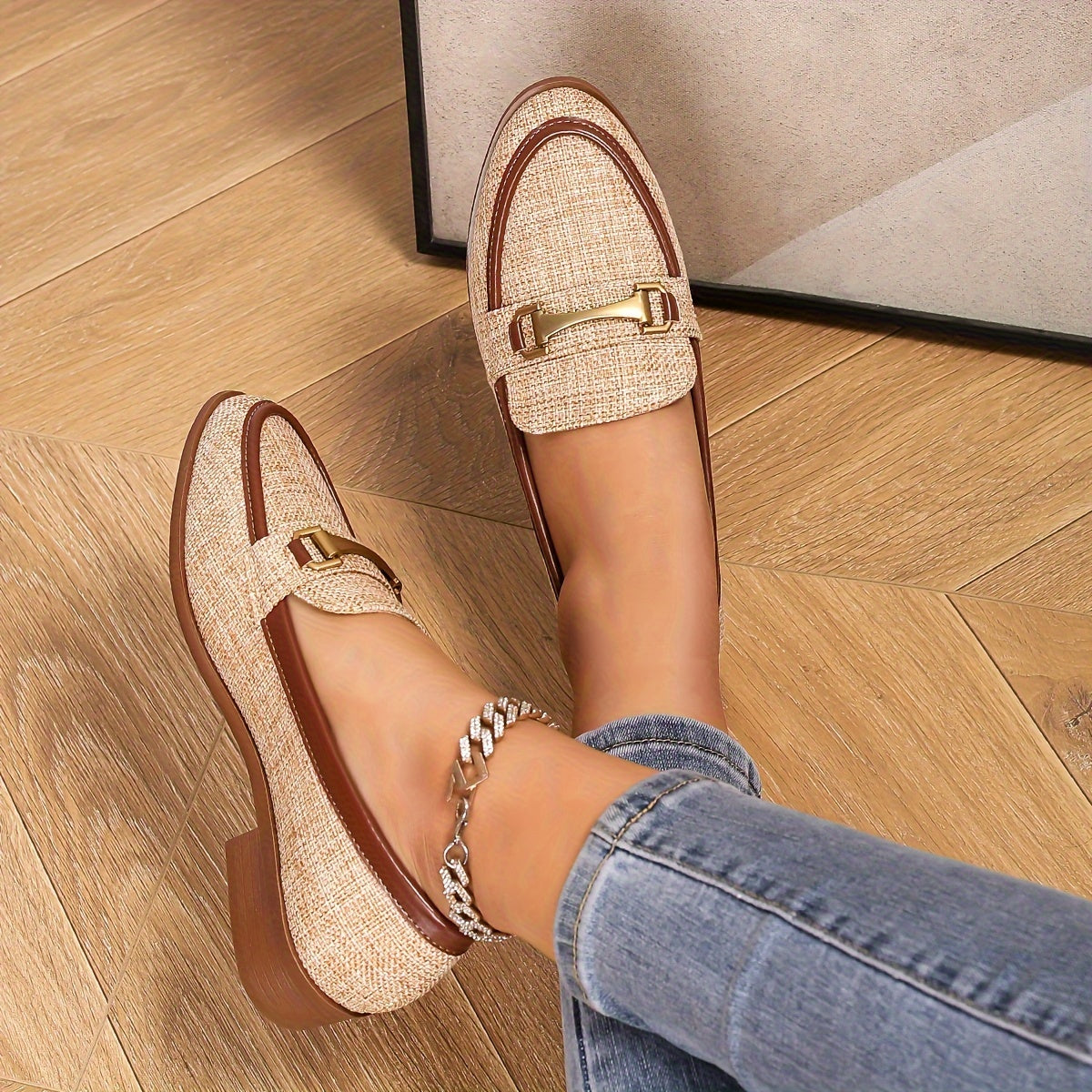 Women's Flat Bottom Metal Buckle Loafers Retro Braided College Style Shoes