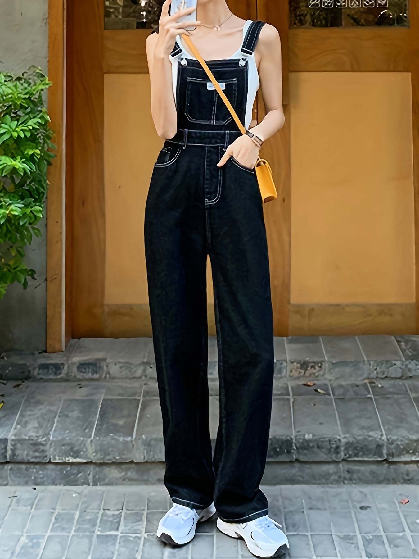 Ayollar uchun sozlanadigan kamarli denim kombinezonlar: tor kesim, bir rangli, cho'zilmaydigan mato, uzun uzunlik, yuvilgan dizayn, bahor/yaz/kuz uchun mukammal.