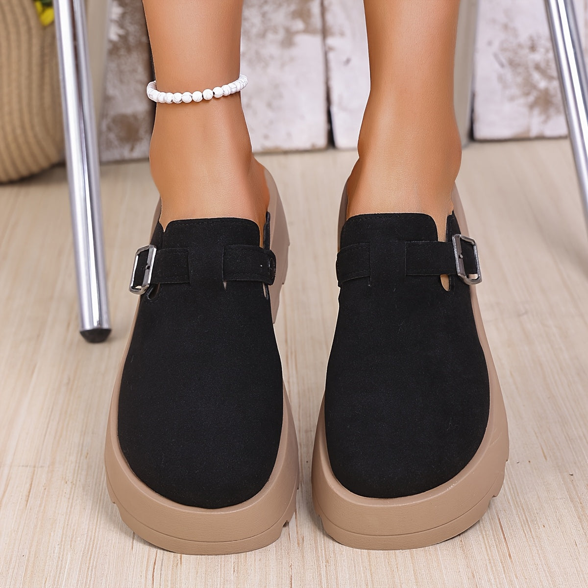 Women Beige Wedge Mules with Adjustable Buckle Slip-On Shoes