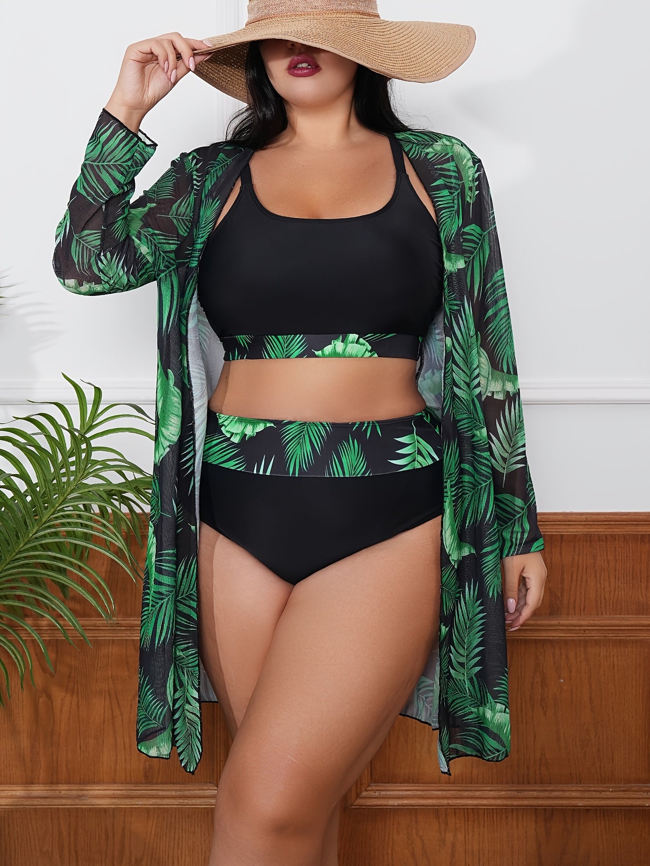 Plus Size Women's Tropical Print Long Sleeve Cover-Up with Color Block Detail