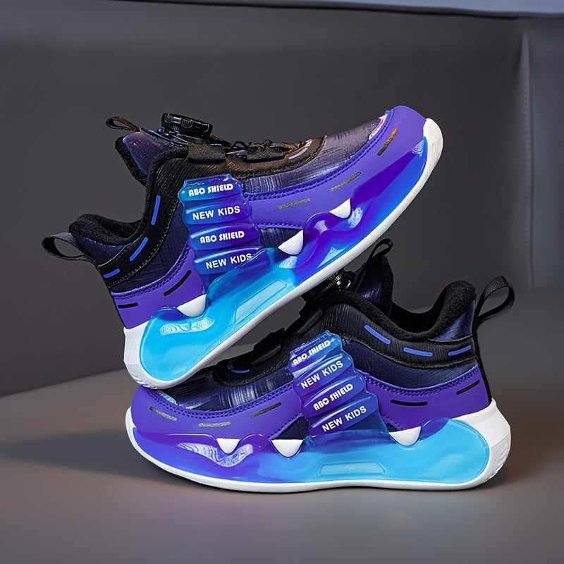 Модные высокие баскетбольные кроссовки для мальчиков с вращающейся пряжкой, нескользящей, амортизирующей подошвой для активного отдыха на улице.