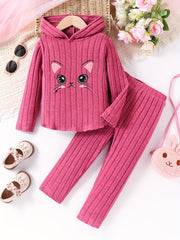 Kids' Cat Print Hooded Top and Soft Pants Set in High Stretch Polyester Knit for Kids 12 and Under