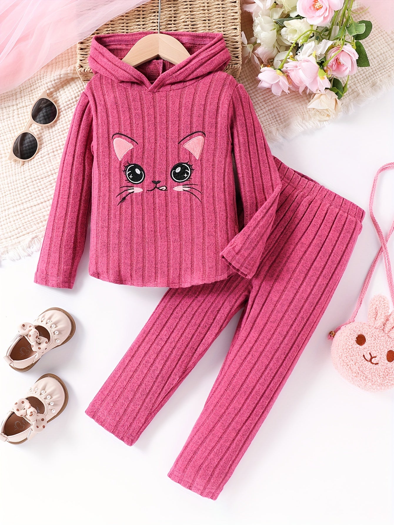 Kids' Cat Print Hooded Top and Soft Pants Set in High Stretch Polyester Knit for Kids 12 and Under