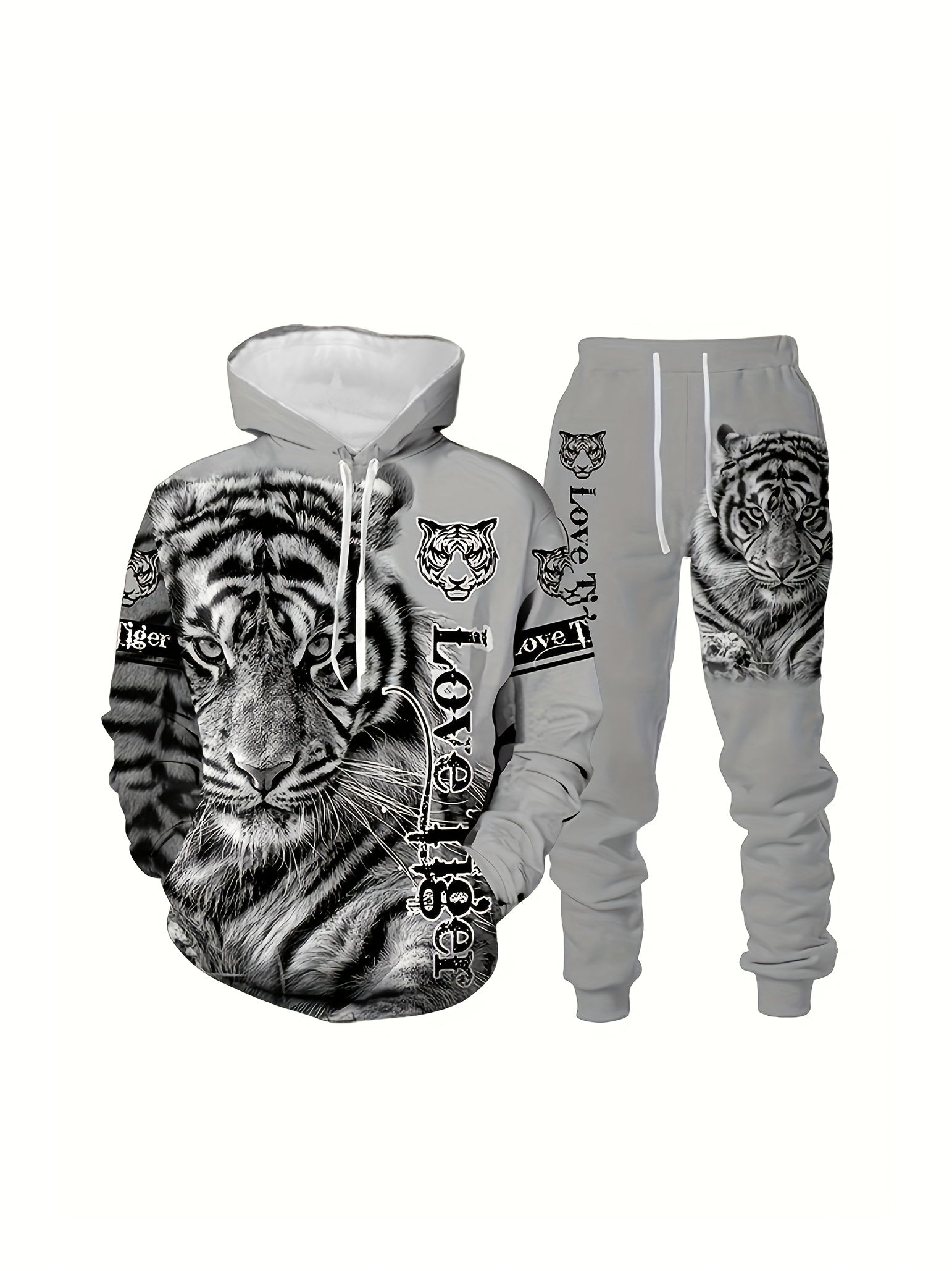 Men's Casual Polyester Hoodie and Sweatpants Set with Tiger and Lion Print