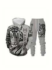 Men's Casual Polyester Hoodie and Sweatpants Set with Tiger and Lion Print