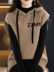 Chaleco de punto de talla grande con capucha, top casual para otoño e invierno, mujer