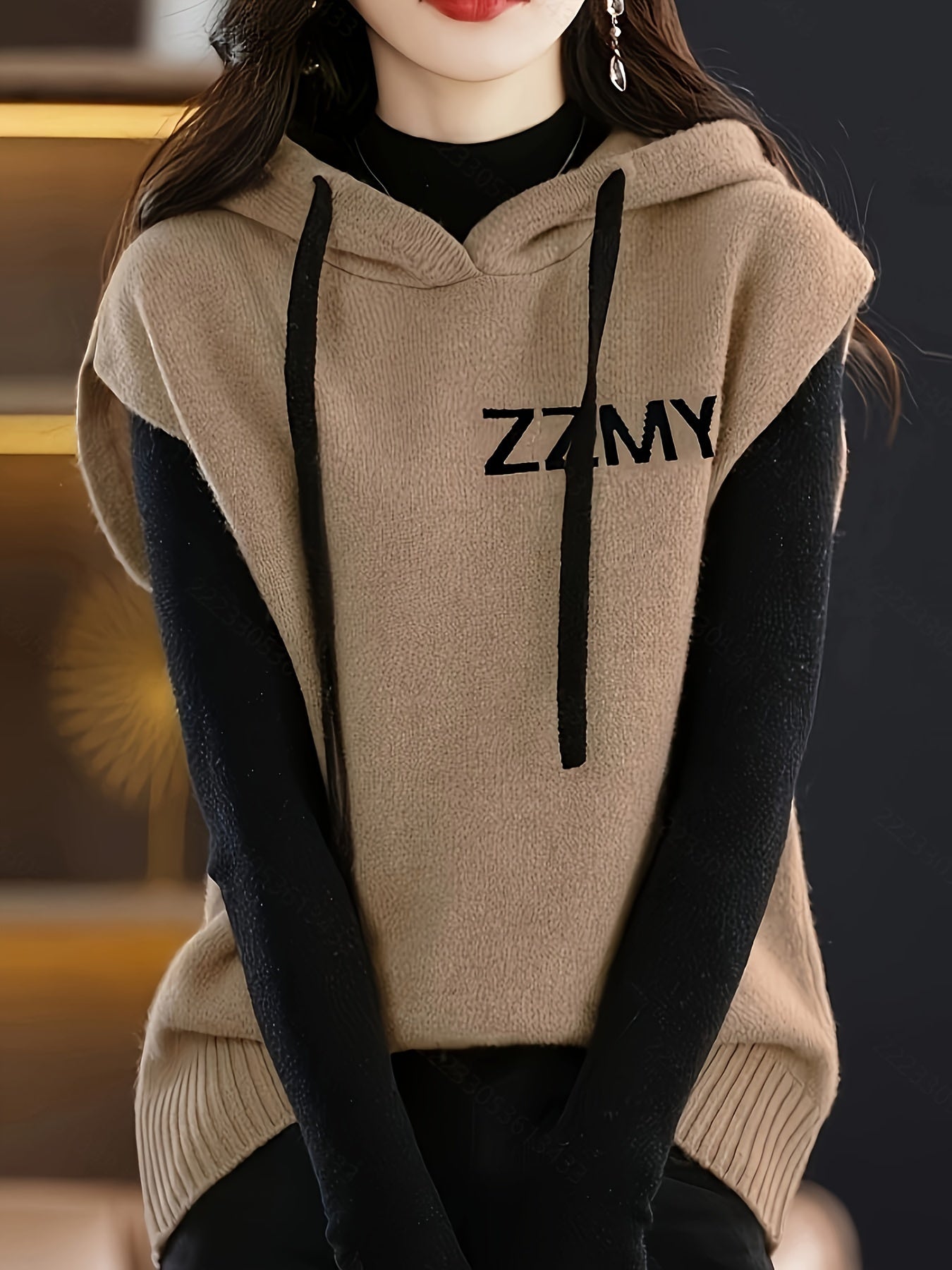 Chaleco de punto de talla grande con capucha, top casual para otoño e invierno, mujer