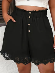 Women's High-Waist Pocket Shorts Polyester Floral Lace Breathable Casual