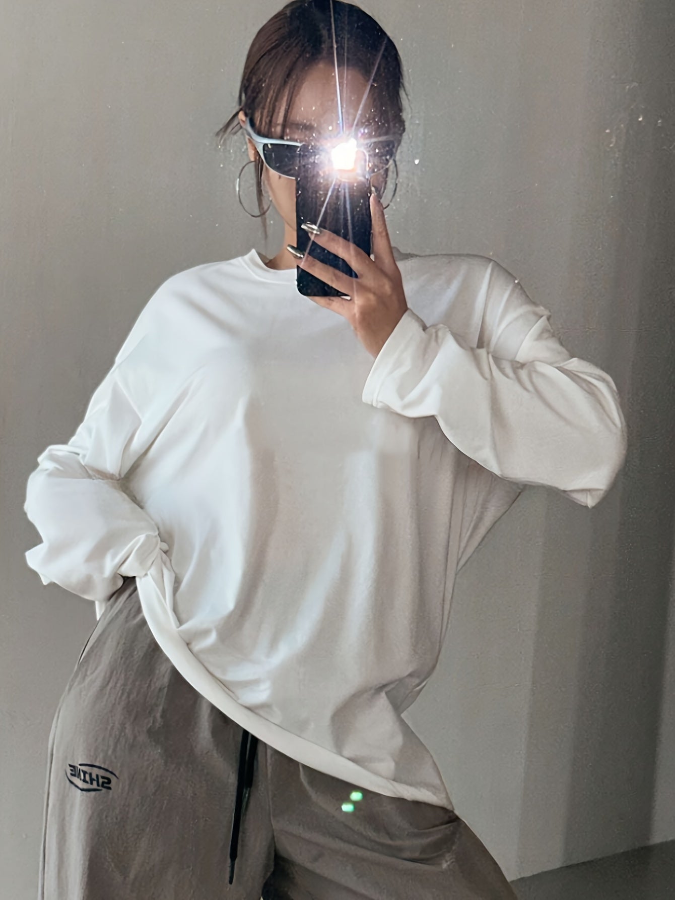 Women's White Crew Neck Long Sleeve T-Shirt Polyester Viscose Elastane Casual Fall Winter