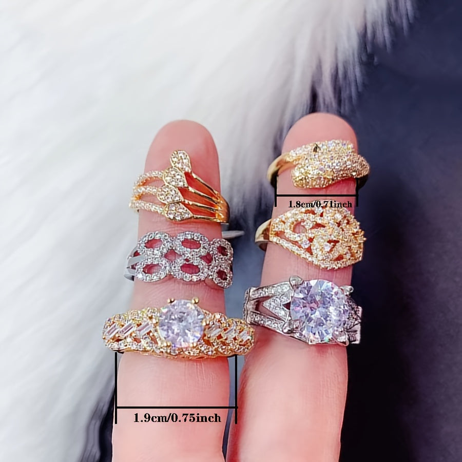 Set of 10 Heart-Shaped Zirconia Copper Rings for Women, Wedding, Party, Gift