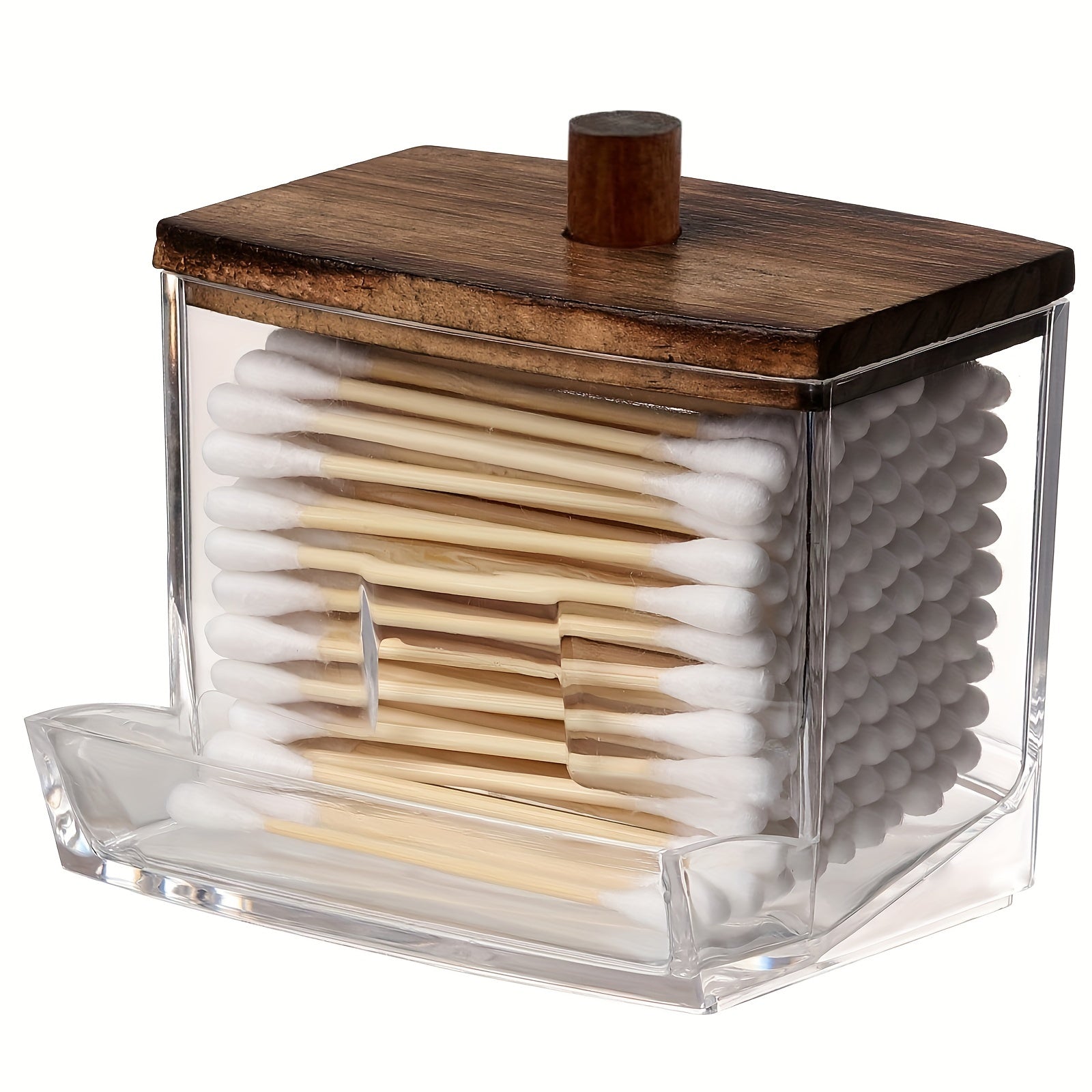 Bathroom Storage Container Set with Brown Wood Lids for 7oz or 10oz Swabs and Cotton Balls