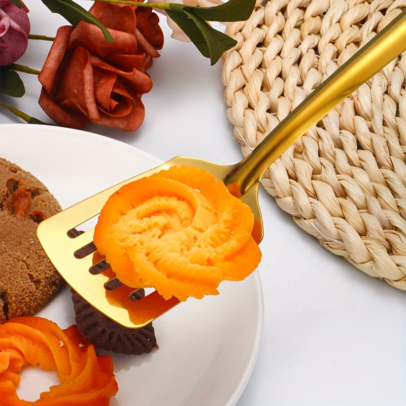 Juego de 6 utensilios de cocina de acero inoxidable en dorado, negro y plateado incluye espátula, cuchara para arroz, colador y cuchara para sopa