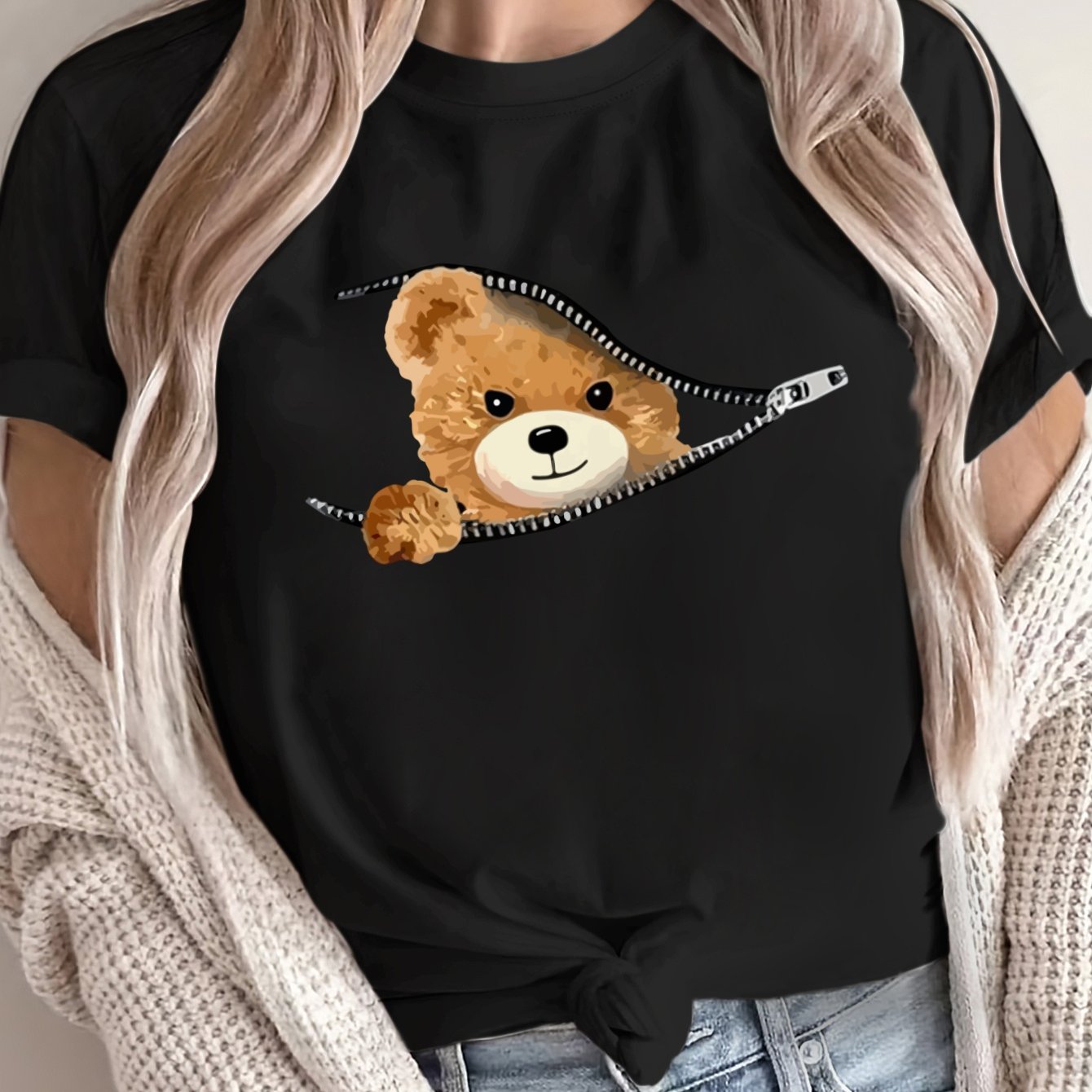 Women's Oversized Graphic T-Shirt Breathable Polyester Teddy Bear Design Loose Fit