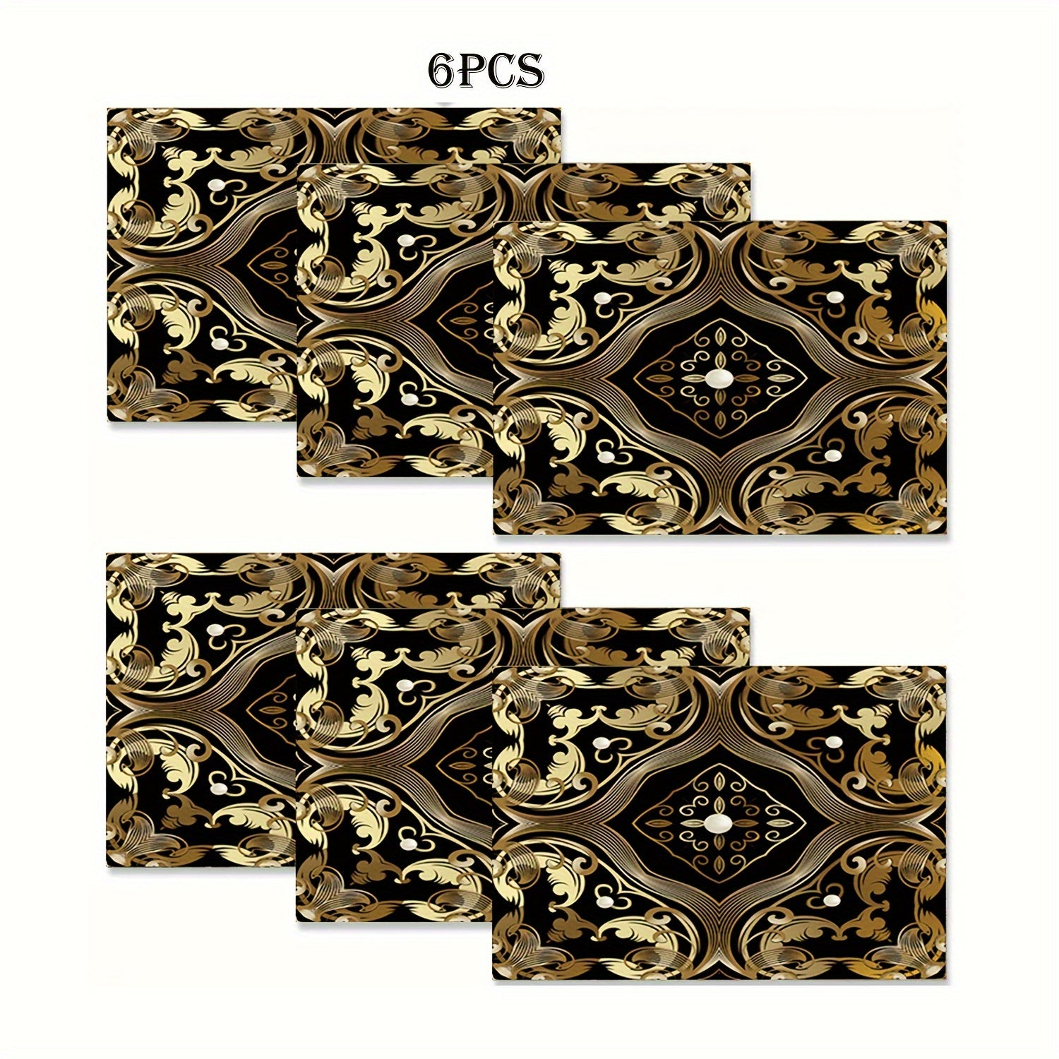 Linen Table Mats with Pearls and Gold Floral Design Non-Slip Heat-Resistant Washable Rectangular Dining Mats