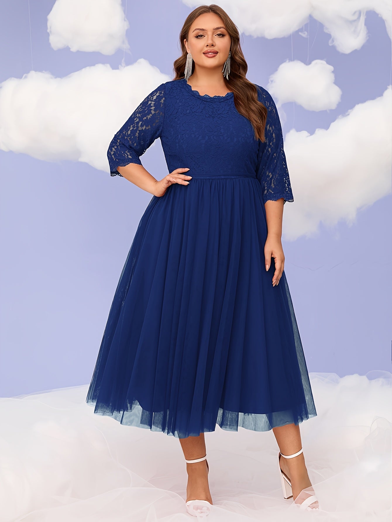 Plus Size Women's Black Lace Evening Gown Formal Party Dress Flared Hem