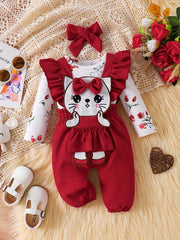 Girls' 3-Piece Floral Outfit Long Sleeve Romper Overalls Headband Cotton Blend Fall Winter