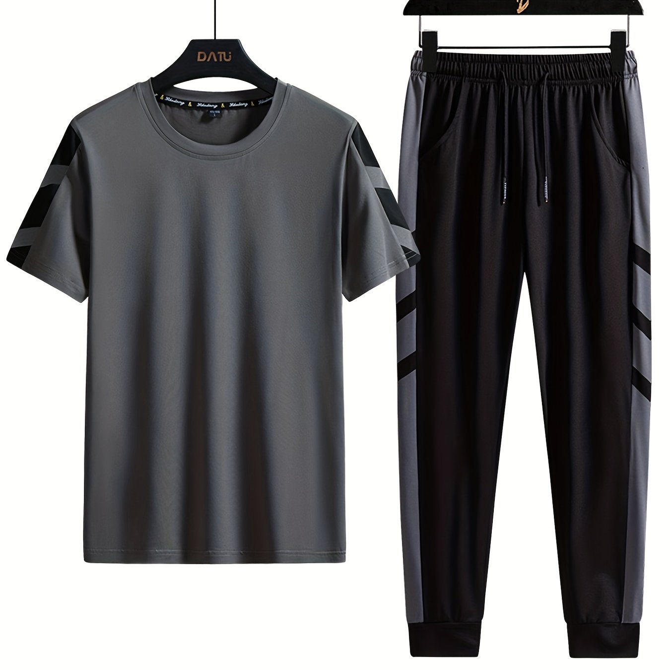 Men's Polyester Casual Leisure Suit with Solid Color Pattern and Crew Neck