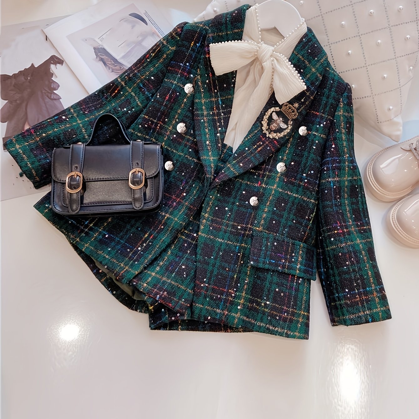 Children's Bee-Patterned Tweed Blazer and Shorts Set for Girls Fall and Spring