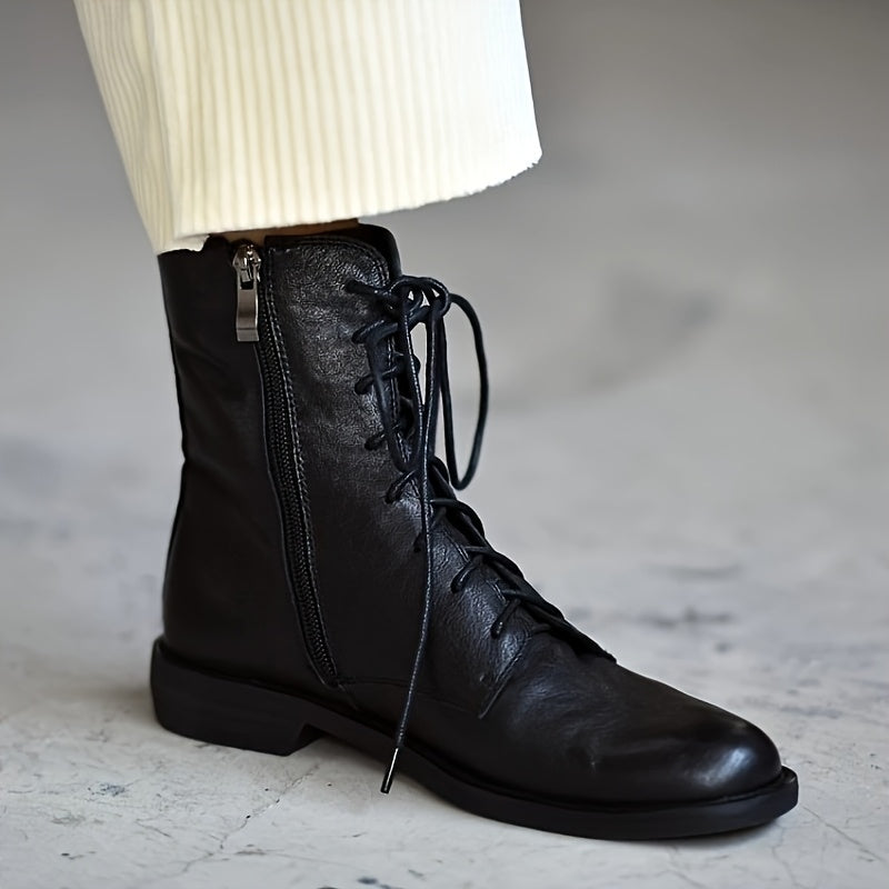 Women's Leather Round-Toe Flat-Soled Ankle Boots for Winter Casual