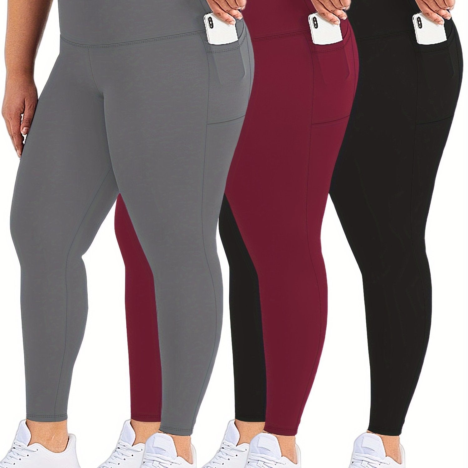 Plus Size Womens Black Pockets High Waisted Tummy Control Leggings Set
