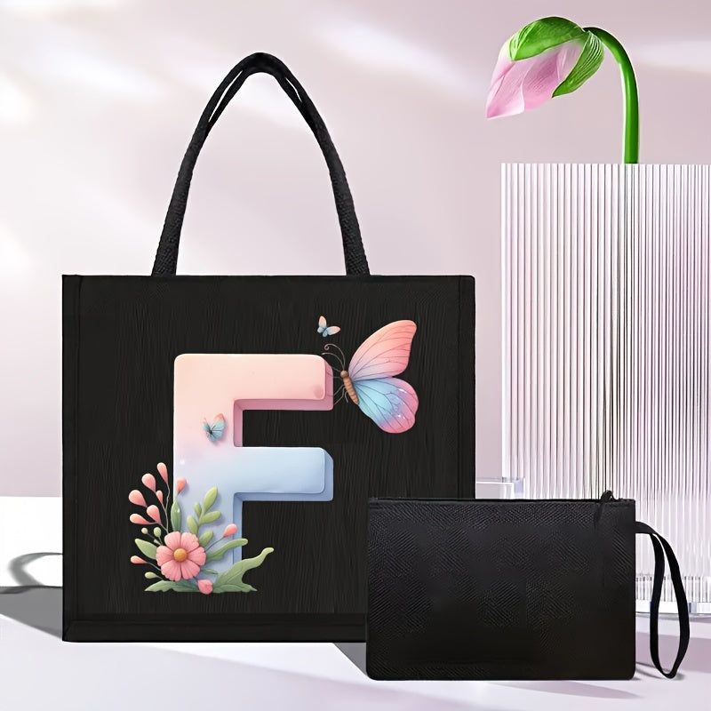 Set of 2 Floral Letter Print Canvas Tote Bags Large Handbag with Clutch Pouch