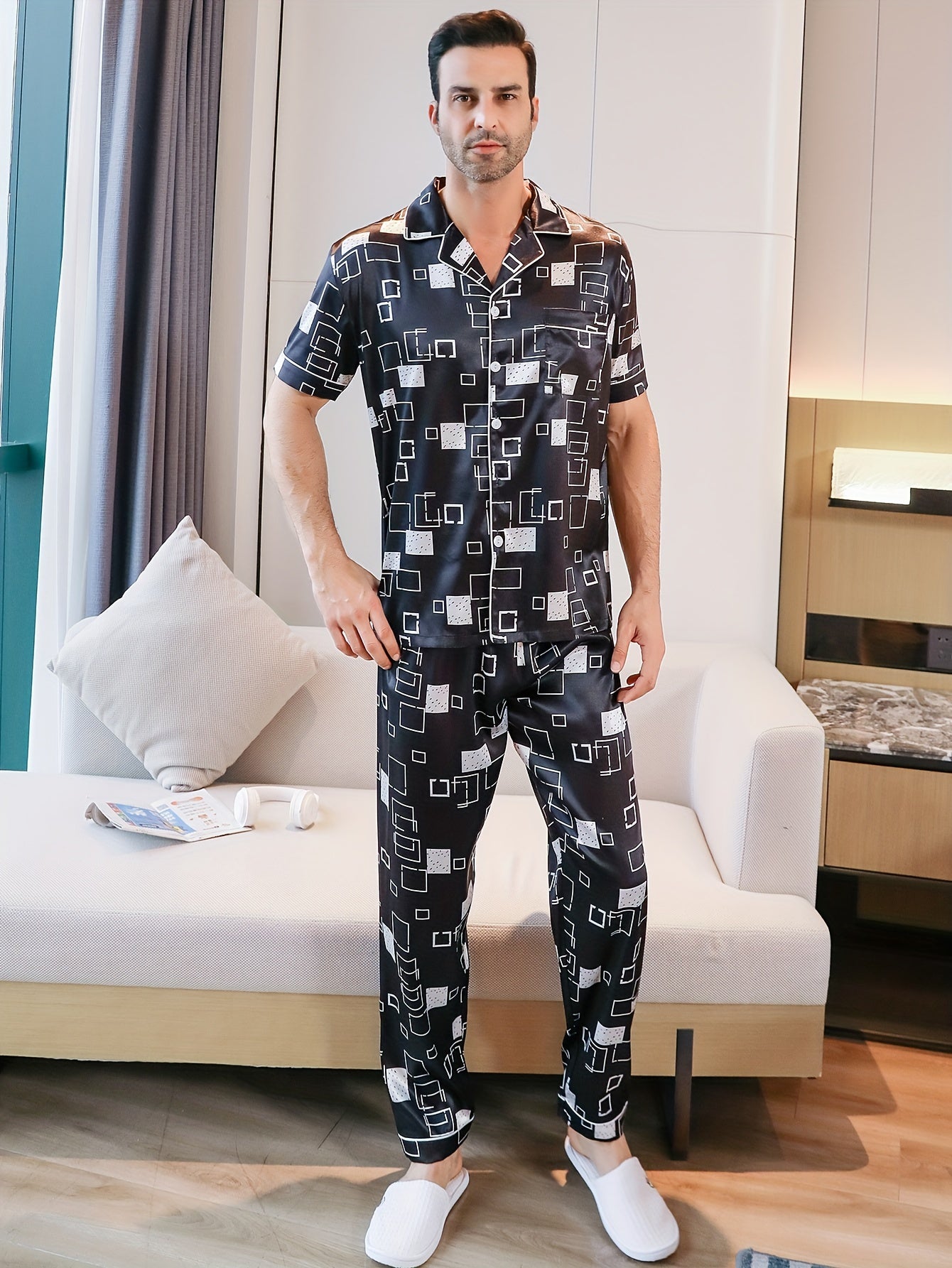 Conjunto de pijama para hombre con estampado geométrico, camiseta de manga corta, pantalones largos y cárdigan de verano