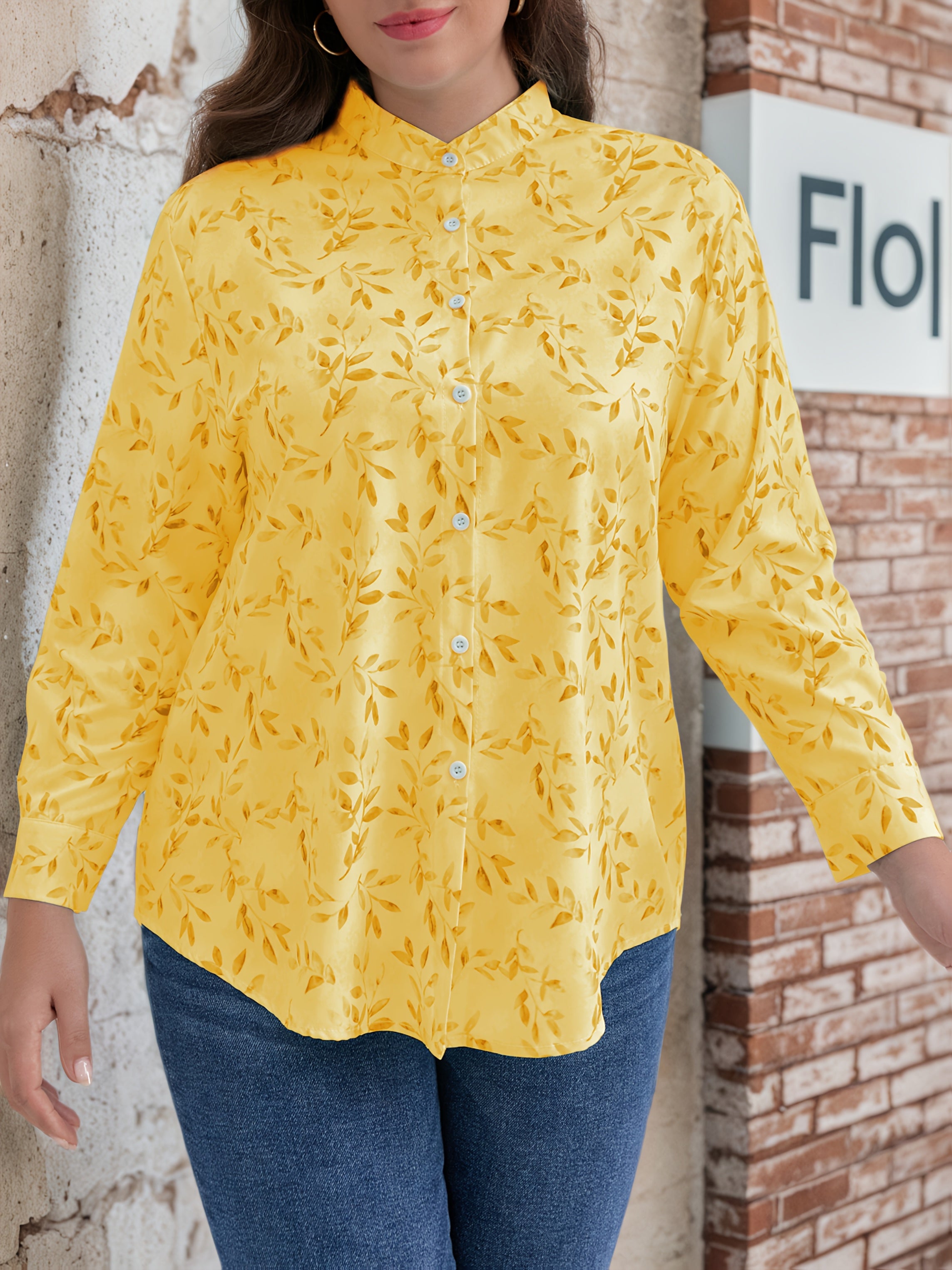 Plus o'lchamli ayollar bluzasi uzun qo'lqopli yengli polyester to'qima binafsha yashil barg bosma