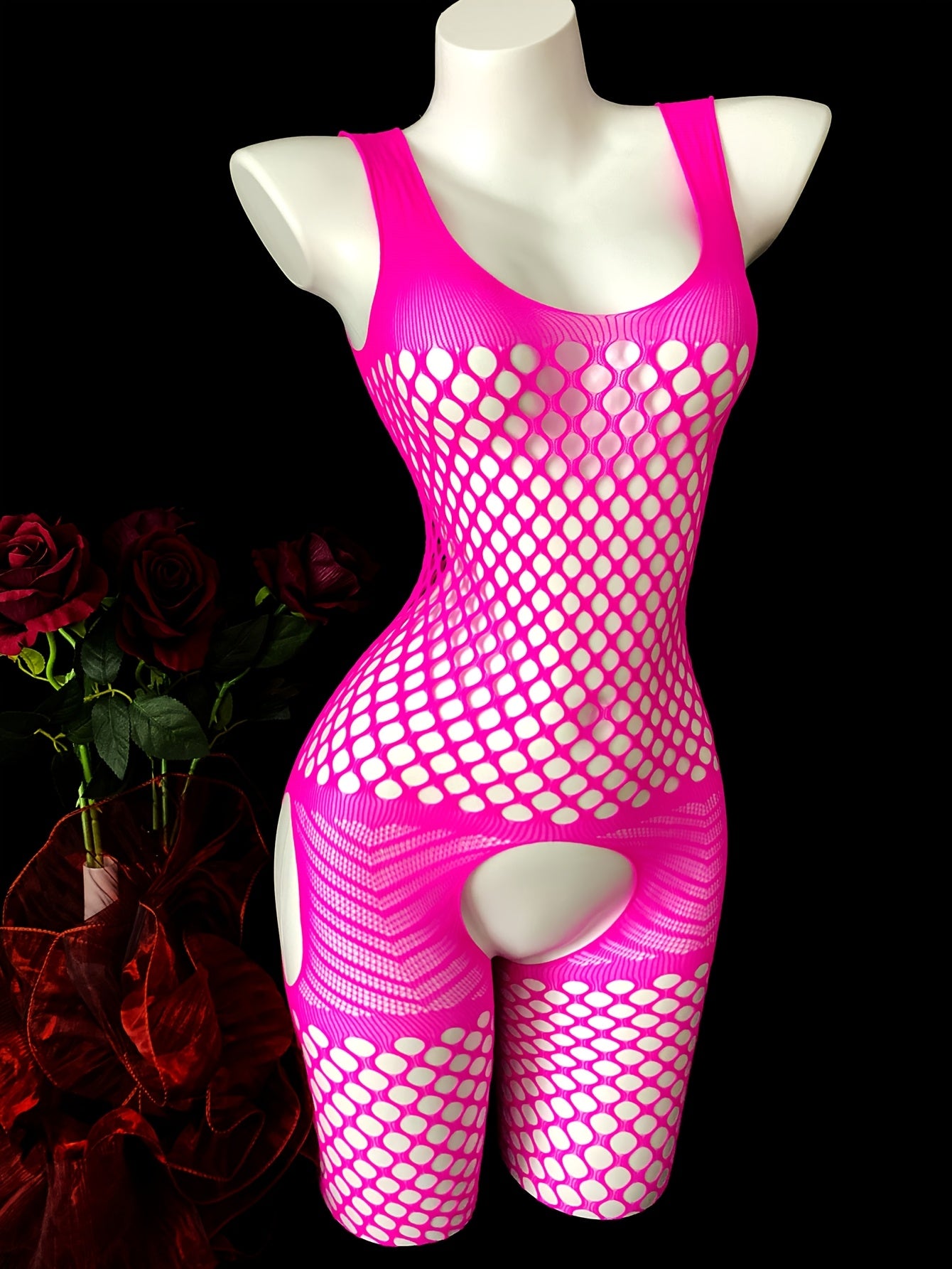 Pink Fishnet Bodysuit for Women Hollow-Out Sheer Lingerie Set
