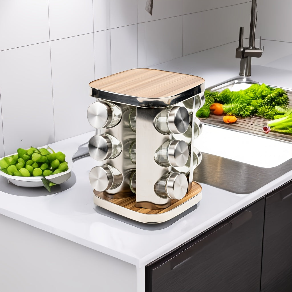 Stainless Steel Spice Rack Set with Glass Jars, Rotating Base, 12 Pieces