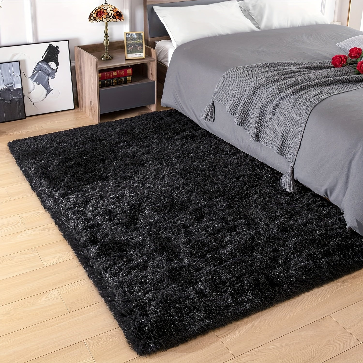 Black Faux Fur Area Rug, Soft and Luxurious Rectangle Floor Covering for Living Room and Bedroom