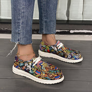 Women's Canvas Slip-On Sneakers with Floral Print and Cartoon Design
