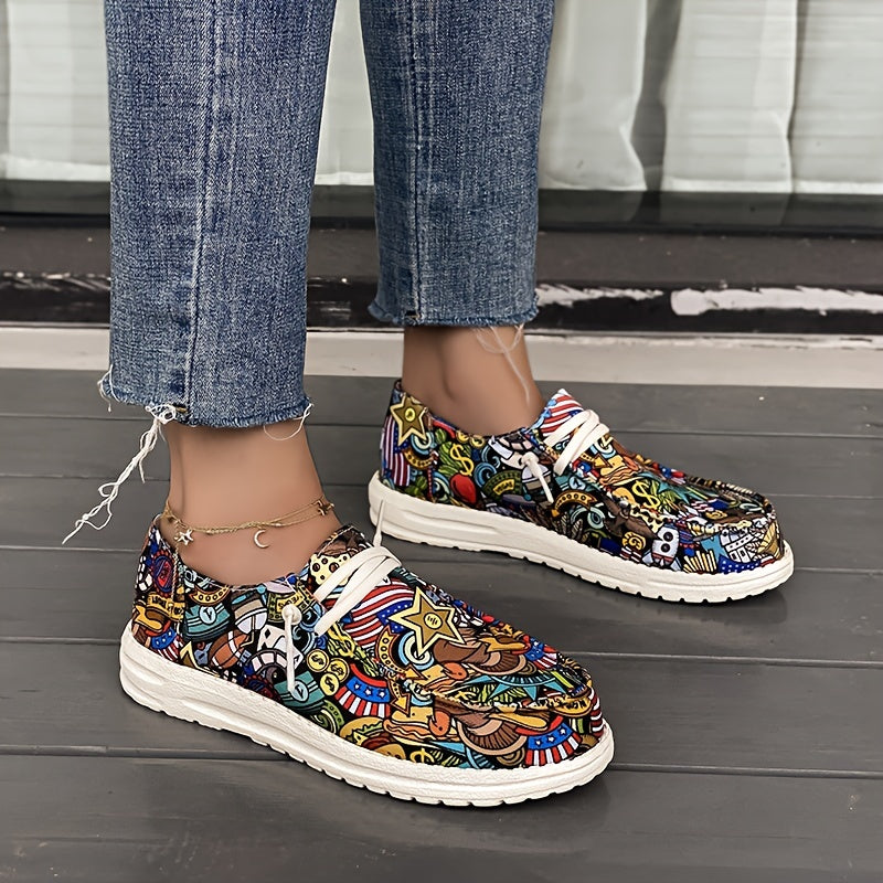 Women's Canvas Slip-On Sneakers with Floral Print and Cartoon Design