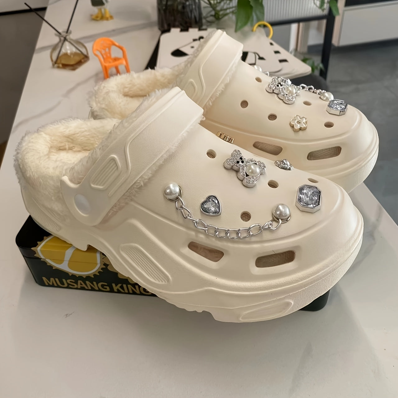 Women's Warm Plush Lined Shoes with Butterfly Heels and Bear Accessories