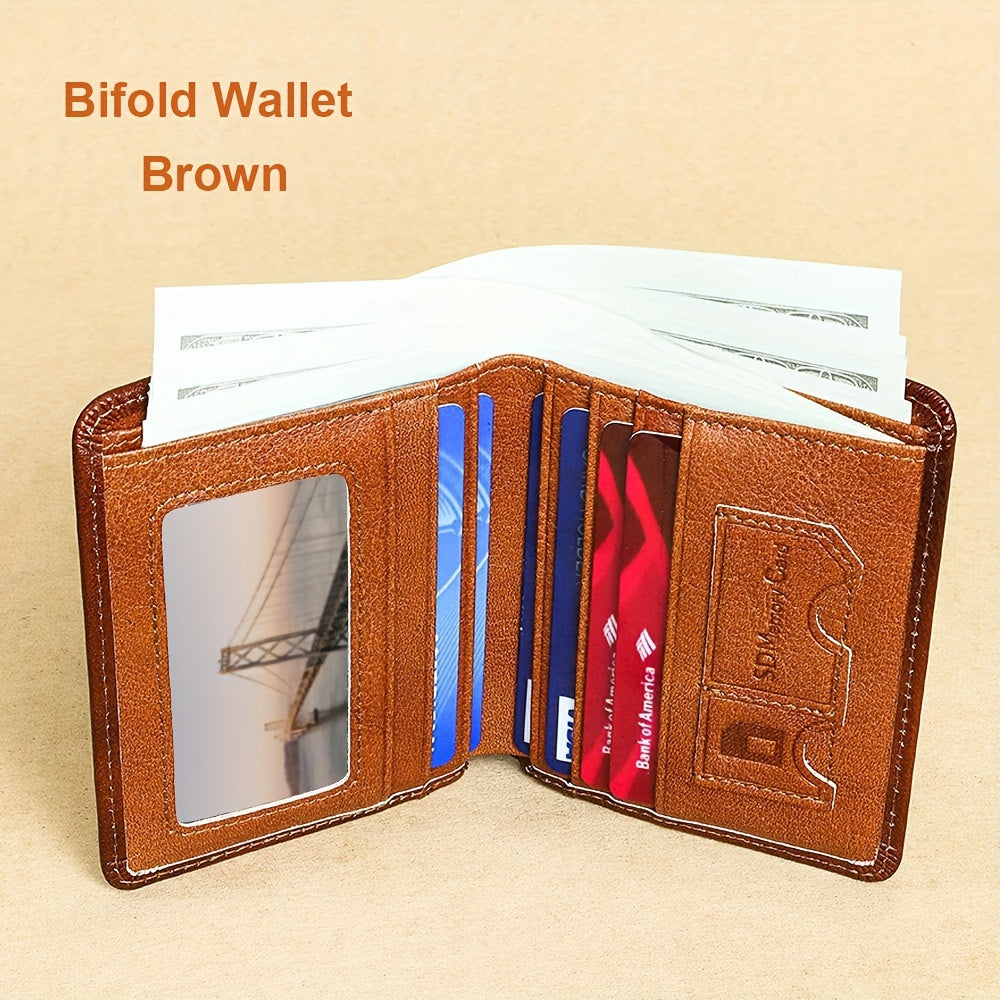 Vintage Genuine Leather Wallet for Men RFID Blocking Deep Brown Slim Bi-Fold