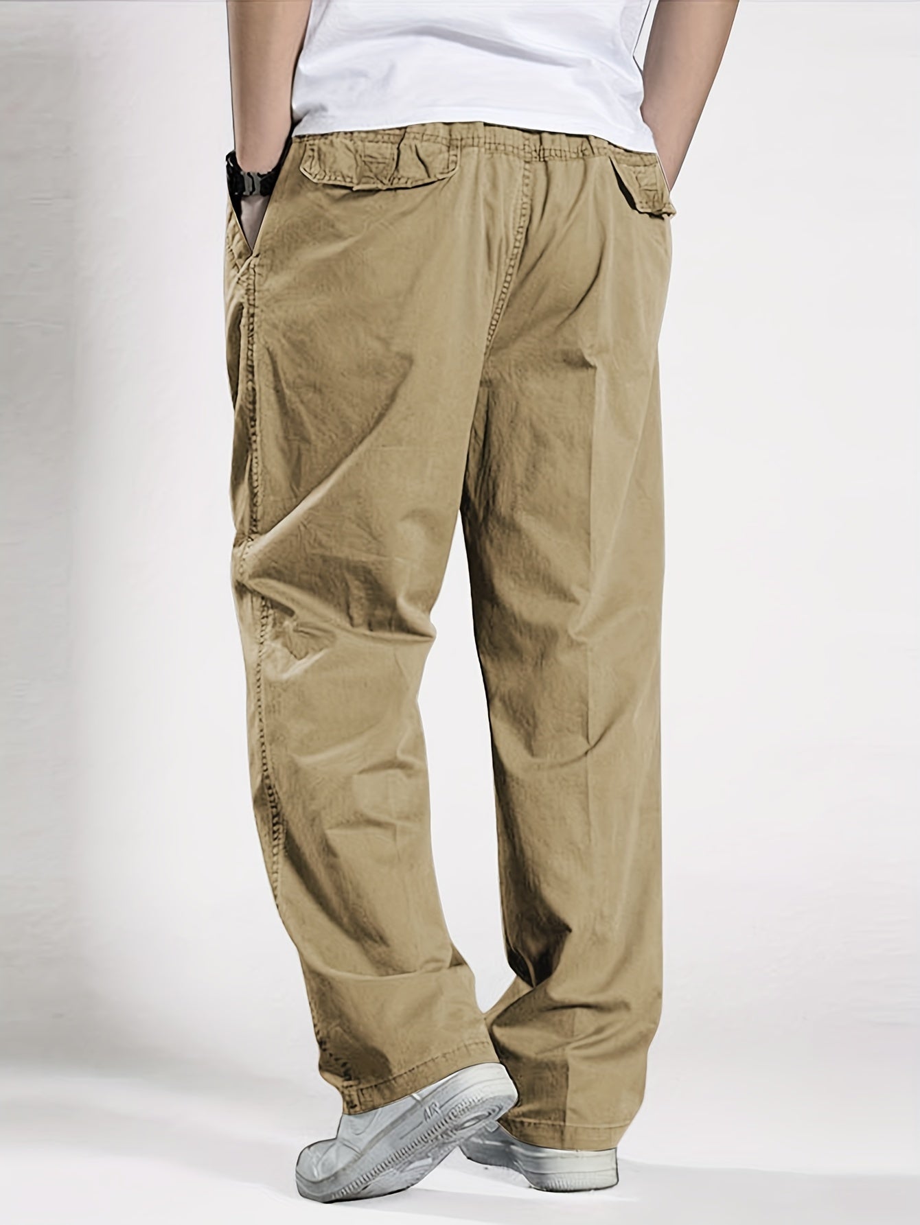 Men's Cotton Cargo Pants Elastic Drawstring Waist Solid Color Casual Spring Fall
