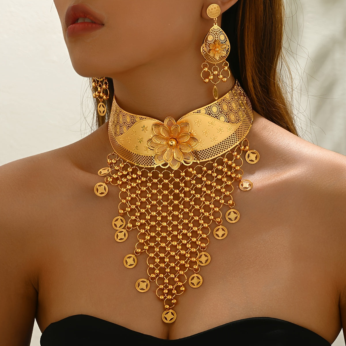 3-Piece Jewelry Set with Flower Choker and Tassel Drop Earrings for Weddings and Events