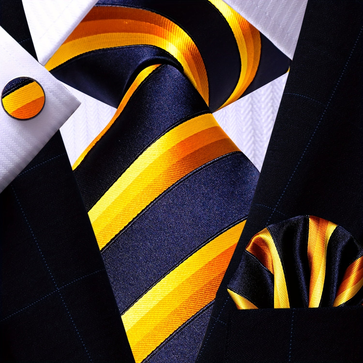 Men's Gold Accessories Set Tie Pocket Square Cufflinks for Weddings Business