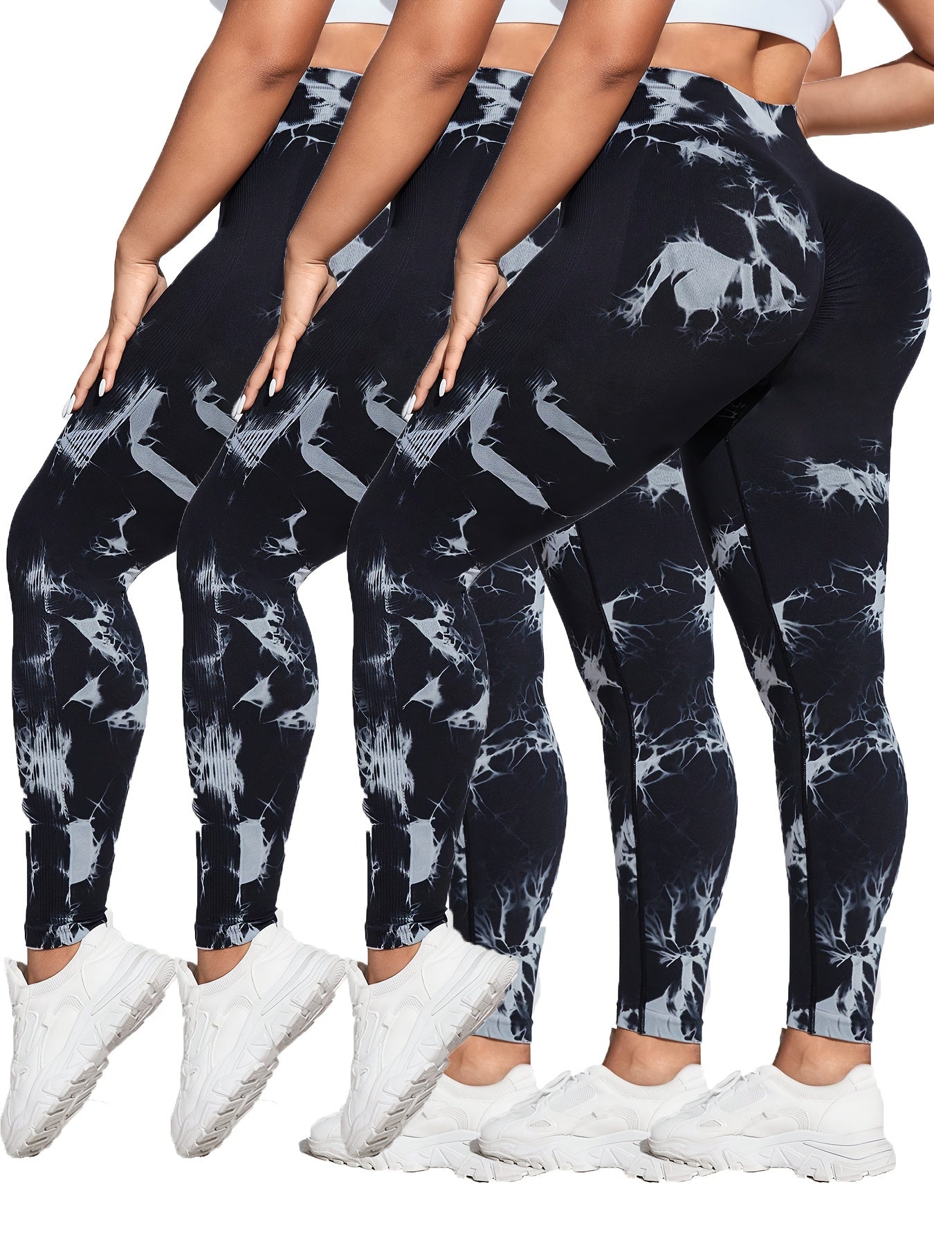 Plus Size Women Seamless Quick-Dry Tie-Dye High Waist Yoga Leggings 3 Pack