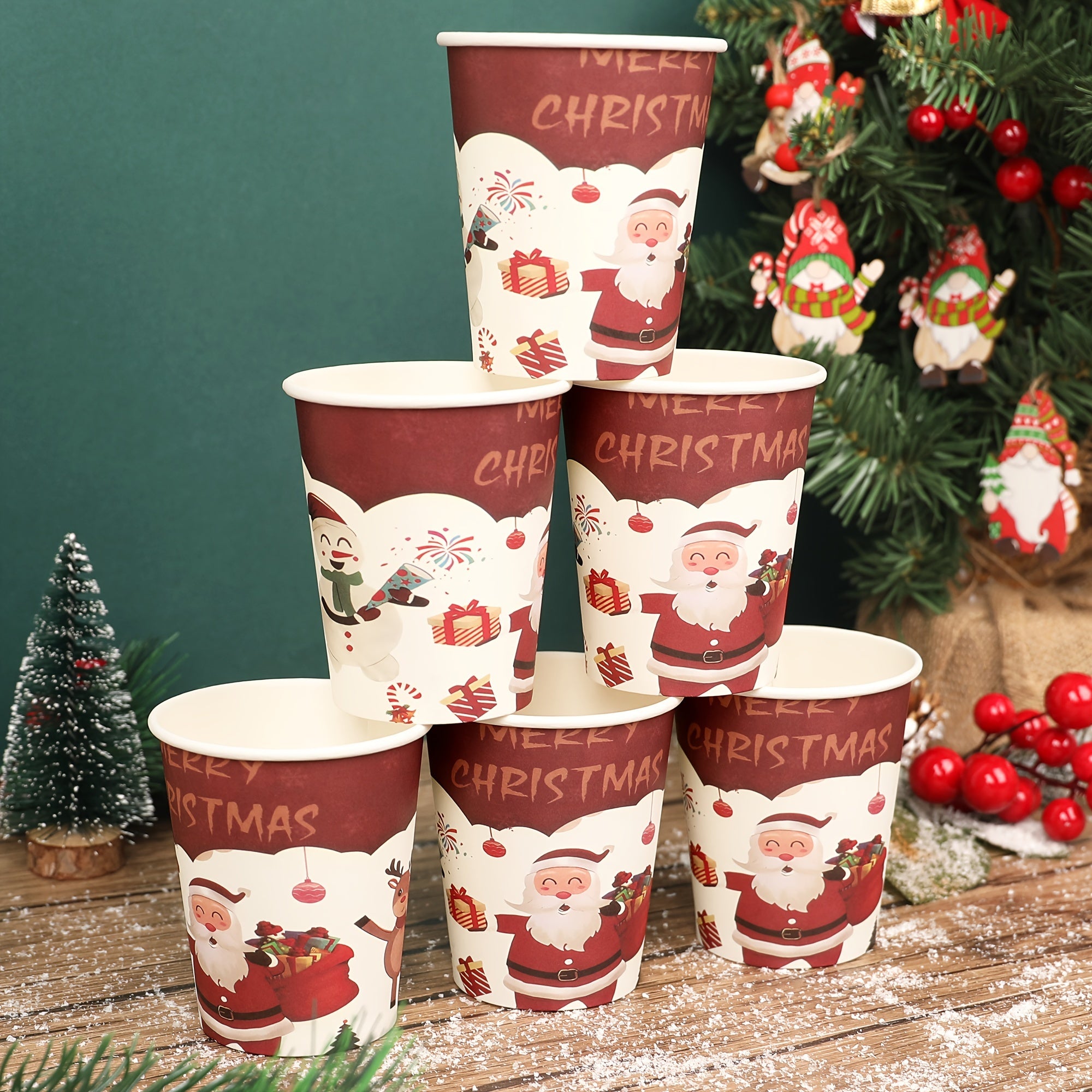 Red Christmas Disposable Paper Cups Santa Snowflake Design BPA-Free Recyclable Cold Drinks