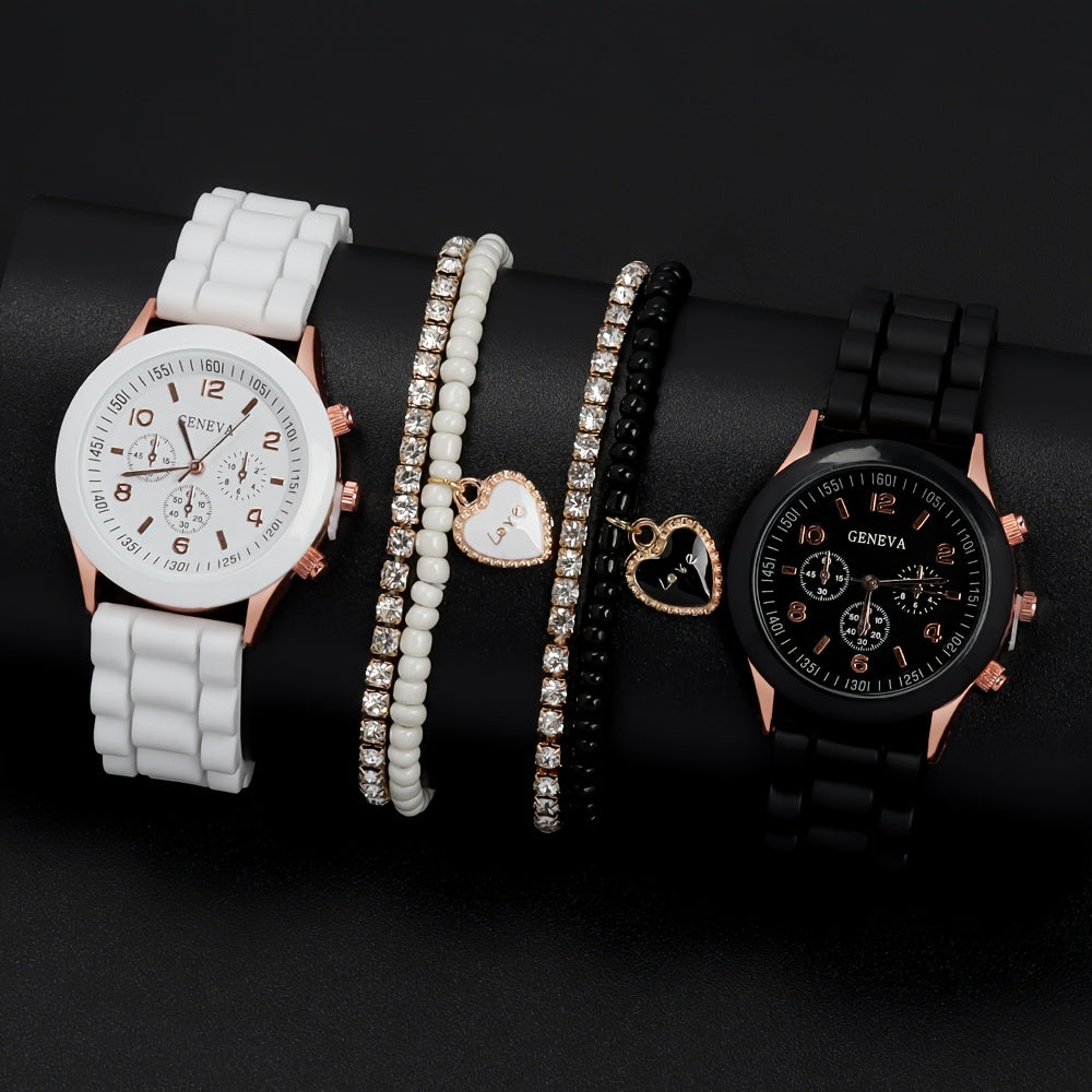 4-Piece Couple Quartz Watch Set with Colorful Love Magnetic Necklace Soft Strap Gift for Valentine's