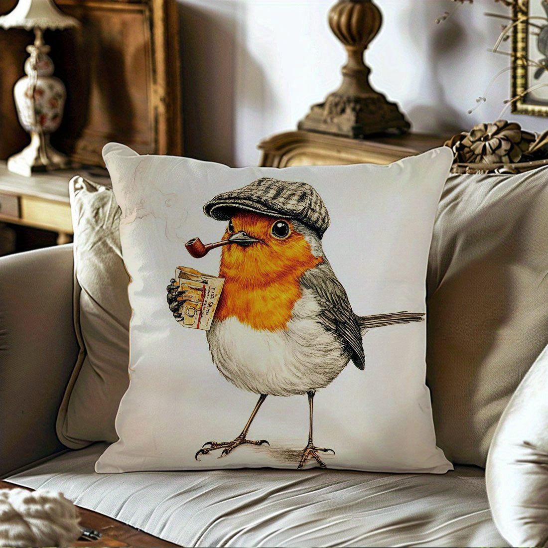 44.96x44.96cm Single-Sided Printed Cushion Cover Smoking Robin Retro Style Polyester Zipper Closure Machine Washable for Living Room Sofa Bedroom Decor