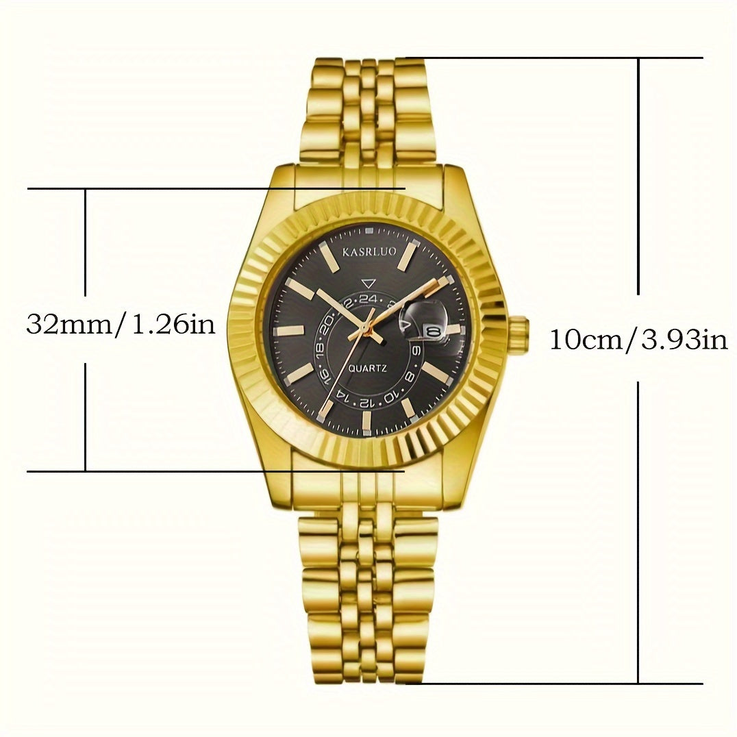 Women's Gold-Tone Quartz Watch with Date Display Roman Numerals Alloy Case Stainless Steel Band